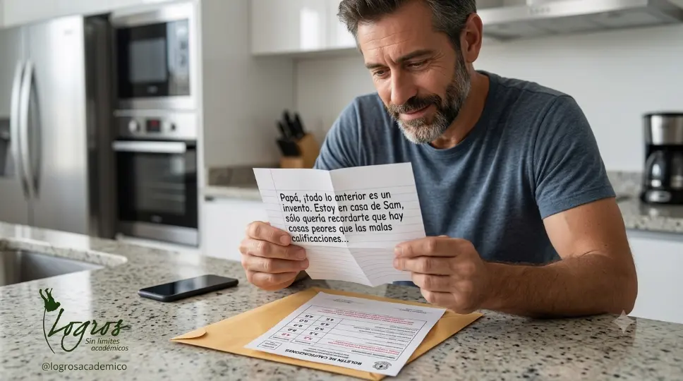 Padre sonriendo aliviado llamando a su hijo tras leer el boletín de calificaciones