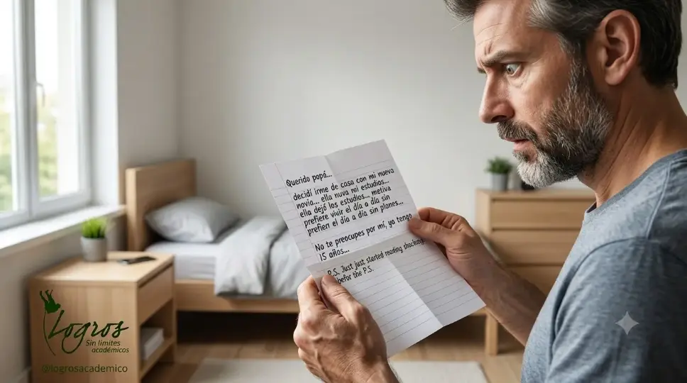 Padre sorprendido leyendo la carta de su hijo adolescente en una habitación ordenada