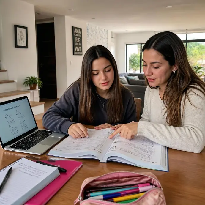 Profesora particular especializada en matemáticas guiando a una estudiante en una clase a domicilio - Logros sin límites